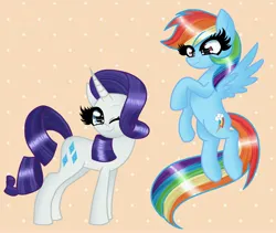 Size: 4096x3453 | Tagged: safe, artist:shadowiesart, derpibooru import, rainbow dash, rarity, pegasus, pony, unicorn, duo, female, image, jpeg, one eye closed, wink