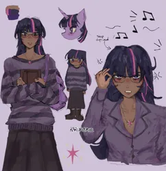 Size: 1933x2000 | Tagged: safe, artist:sataxh, derpibooru import, twilight sparkle, human, pony, unicorn, alternate hairstyle, annoyed, blackwashing, blushing, book, boots, clothes, dark skin, female, glasses, humanized, image, jewelry, mare, music notes, necklace, png, purple background, reference sheet, shirt, shoes, simple background, skirt, socks, solo, striped sweater, sweat, sweatdrop, sweater, unicorn twilight