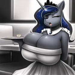 Size: 640x640 | Tagged: suggestive, derpibooru import, machine learning generated, novelai, stable diffusion, princess luna, anthro, big breasts, breast expansion, breasts, busty princess luna, clothes, dress, eyes closed, growth, image, open mouth, png, restaurant