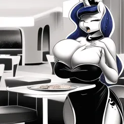 Size: 640x640 | Tagged: suggestive, derpibooru import, machine learning generated, novelai, stable diffusion, princess luna, anthro, big breasts, breast expansion, breasts, busty princess luna, clothes, dress, eyes closed, growth, hand on belly, image, open mouth, png, restaurant