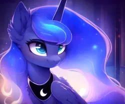 Size: 1536x1280 | Tagged: safe, derpibooru import, editor:nightluna, machine learning assisted, machine learning generated, purplesmart.ai, stable diffusion, princess luna, alicorn, pony, abstract background, cute, ear fluff, eyebrows, eyelashes, female, glow, image, mare, png, smiling, solo