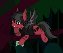 Size: 1935x1618 | Tagged: safe, artist:lightningbolt, derpibooru import, ponified, bat pony, pony, the mean 6, .svg available, annoyed, bags under eyes, bat wings, clone, clothes, derpibooru exclusive, ear fluff, evil clone, eyeliner, fall out boy, fangs, image, lidded eyes, lying down, makeup, male, messy mane, messy tail, money, outdoors, pete wentz, png, prone, shirt, solo, spread wings, stallion, t-shirt, tail, tattoo, tree, tree branch, vector, wings