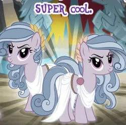 Size: 370x365 | Tagged: safe, derpibooru import, idw, blonn di, earth pony, pony, clothes, cropped, female, gameloft, image, mare, meme, mobile game, png, shining light (g4), siblings, text, thracian, twins, wow! glimmer
