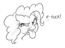 Size: 612x456 | Tagged: safe, artist:mickeymonster, derpibooru import, pinkie pie, earth pony, pony, bust, dialogue, disgusted, faic, female, image, looking at you, mare, monochrome, png, portrait, simple background, sketch, solo, squint, tongue out, white background