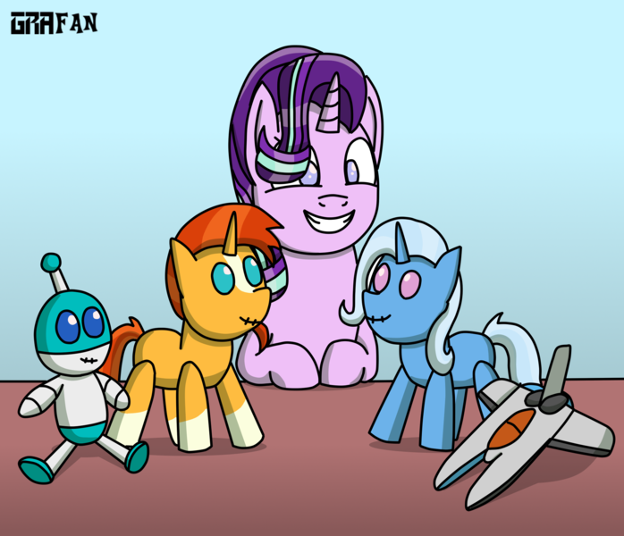 Size: 2000x1719 | Tagged: safe, artist:gradiusfanatic, derpibooru import, starlight glimmer, sunburst, trixie, oc, oc:bx-8, pony, robot, unicorn, airship, crossover, female, gradius, image, male, plushie, png, vic viper