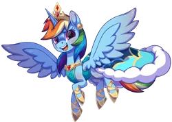 Size: 2601x1857 | Tagged: safe, artist:moonseeker, derpibooru import, rainbow dash, alicorn, pony, clothes, crown, dress, horn, image, jewelry, png, regalia, wings