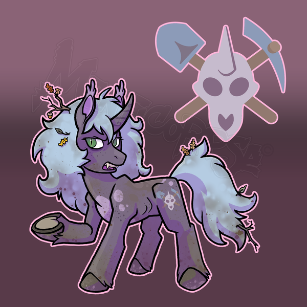 Size: 2000x2000 | Tagged: safe, artist:manticorpse, derpibooru import, oc, oc:rumi, alicorn, bat pony, hybrid, pony, unicorn, acorn, anorexic, bat pony oc, bat wings, commission, curved horn, cutie mark, dirt, dirty, fangs, frog (hoof), green eyes, horn, hybrid oc, image, leaves, leaves in hair, mud, muddy, png, skinny, skull, solo, tree branch, underhoof, unicorn horn, unicorn oc, wings