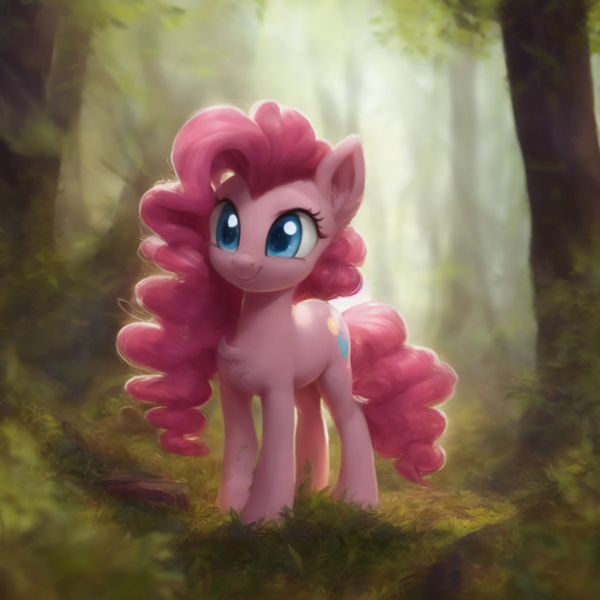 Size: 1024x1024 | Tagged: safe, derpibooru import, machine learning generated, stable diffusion, pinkie pie, earth pony, pony, chest fluff, cute, diapinkes, ear fluff, female, forest, grass, image, mare, png, smiling, solo, tree