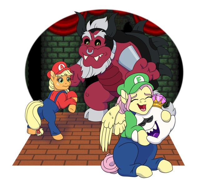 Size: 4743x4501 | Tagged: safe, artist:faitheverlasting, derpibooru import, applejack, fluttershy, lord tirek, earth pony, ghost, koopa, pegasus, pony, undead, absurd resolution, boo (super mario), bowser, crossover, hug, image, king boo, luigi, mario, png, simple background, species swap, super mario bros., transparent background