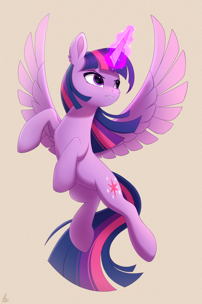 Size: 1000x1500 | Tagged: safe, artist:luminousdazzle, derpibooru import, twilight sparkle, alicorn, pony, friendship is magic, angry, female, flying, frown, g4, glow, glowing horn, horn, image, mare, png, simple background, solo, spread wings, wings