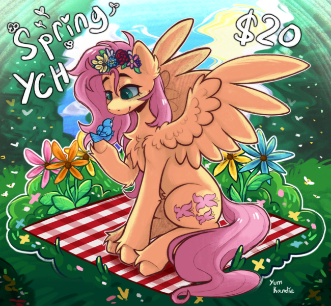 Size: 2960x2732 | Tagged: safe, artist:yumkandie, derpibooru import, fluttershy, bird, pegasus, pony, chest fluff, commission, ear fluff, female, flower, forest, grass, image, picnic blanket, png, signature, solo, tree, unshorn fetlocks, ych example, your character here