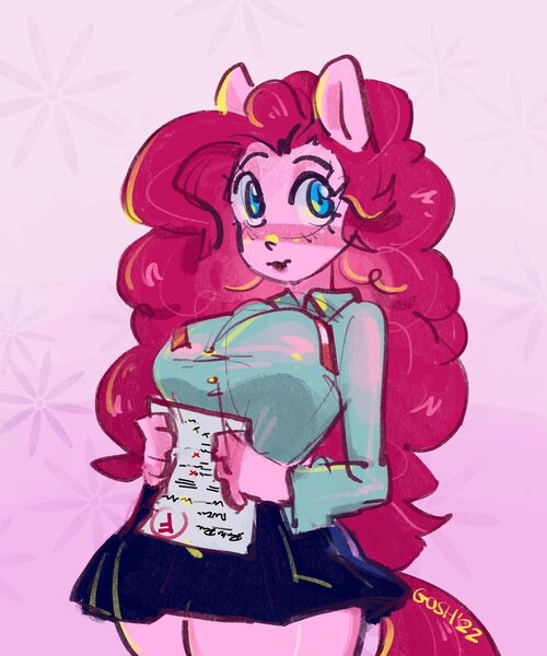 Size: 1440x1728 | Tagged: safe, artist:goshhhh, derpibooru import, pinkie pie, anthro, earth pony, blushing, clothes, female, hand, image, jpeg, pink background, school uniform, simple background, skirt, solo