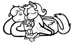Size: 11858x6816 | Tagged: safe, artist:manticorpse, derpibooru import, oc, oc:mulberry wine, oc:raspberry sorbet, oc:strawberry syrup, unofficial characters only, pegasus, pony, unicorn, baby, baby pony, black and white, crossed hooves, foal, folded wings, grayscale, grooming, horn, image, lesbian couple, licking, lineart, magical lesbian spawn, monochrome, offspring, png, tongue out, trio, unicorn horn, watermark, wings