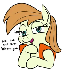 Size: 541x590 | Tagged: safe, artist:jargon scott, agua fresca, lily peel, earth pony, pony, almond joy, dialogue, female, hoof on chin, image, lidded eyes, lifejacket, looking at you, mare, open mouth, png, simple background, solo, white background