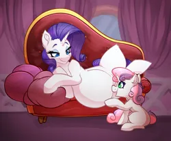 Size: 3128x2576 | Tagged: safe, alternate version, artist:witchtaunter, derpibooru import, rarity, sweetie belle, pony, unicorn, belle sisters, belly, big belly, duo, ear fluff, fainting couch, female, filly, foal, happy, image, mare, open mouth, open smile, pillow, png, preggity, pregnant, siblings, sisters, smiling