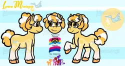 Size: 3960x2085 | Tagged: safe, artist:manticorpse, derpibooru import, oc, oc:lemon meringue, earth pony, pony, brown eyes, character design, curly tail, cutie mark, female, image, mare, orange mane, png, pride flag, reference sheet, solo, tail, yellow coat