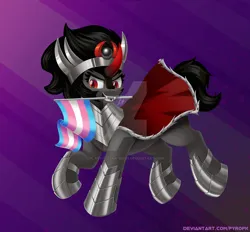 Size: 1920x1782 | Tagged: safe, artist:plastic-star-virus, derpibooru import, king sombra, pony, unicorn, cape, clothes, eyelashes, gradient background, grin, image, jpeg, mouth hold, pride, pride flag, raised hoof, smiling, solo, transgender, transgender pride flag