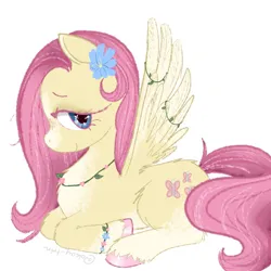 Size: 1000x1000 | Tagged: safe, artist:okay1trin, derpibooru import, fluttershy, pegasus, pony, back fluff, blaze (coat marking), blue eyes, bracelet, butterfly eyes, chest fluff, coat markings, colored hooves, cute, facial markings, floral necklace, flower, flower in hair, image, jewelry, jpeg, leg fluff, looking at you, lying down, pale belly, profile, prone, redesign, shyabetes, simple background, smiling, socks (coat marking), solo, spread wings, unshorn fetlocks, white background, wing jewelry, wingding eyes, wings
