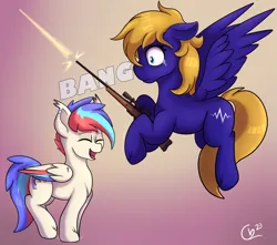 Size: 2439x2152 | Tagged: safe, artist:cloudybirb, derpibooru import, oc, oc:cloud quake, oc:pedals, unofficial characters only, pegasus, pony, female, flying, gun, gunshot, image, mare, png, rifle, simple background, weapon