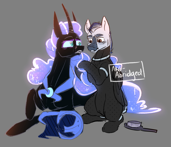 Size: 1254x1080 | Tagged: safe, artist:akoamplified, derpibooru import, nightmare moon, oc, oc:orion zephyr, alicorn, pegasus, fanfic, fanfic:somnambulance, armor, black coat, blue eyes, brush, brushing mane, clothes, colored, colored sketch, commission, cute, fanfic art, glow, glowing mane, glowing tail, helmet, image, jpeg, mane, orange eyes, pegasus oc, peytral, short mane, sketch, tail, wings