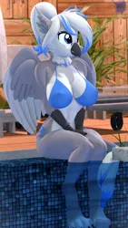 Size: 2160x3840 | Tagged: suggestive, artist:antonsfms, derpibooru import, oc, oc:sapphire, anthro, gryphon, unicorn, 3d, armpits, belly, belly button, big breasts, bikini, bikini bottom, bikini top, breasts, clothes, commission, commissioner:lotsofcaps, erect nipples, feet, female, fit, flower, green bikini, griffon oc, group, group photo, horn, image, lei, long nails, looking at you, lotion, makeup, nipple outline, painted nails, palm tree, pattern, paw pads, paws, png, seductive look, seductive pose, sexy, solo, solo female, source filmmaker, sultry pose, sunbathing, swimming pool, swimsuit, talking, tattoo, toes, tree, unicorn oc, water, wet