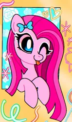 Size: 441x747 | Tagged: safe, artist:petaltwinkle, derpibooru import, pinkie pie, earth pony, pony, ;p, bow, bust, cute, cuteamena, hair bow, image, jpeg, one eye closed, pinkamena diane pie, solo, tongue out, wink