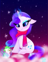 Size: 804x1024 | Tagged: safe, artist:petaltwinkle, derpibooru import, rarity, pony, unicorn, clothes, image, implied shipping, implied sparity, implied spike, implied straight, jpeg, scarf, sitting, smiling, snowman, solo