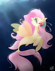 Size: 1074x1368 | Tagged: safe, artist:petaltwinkle, derpibooru import, fluttershy, pony, seapony (g4), image, jpeg, seaponified, seapony fluttershy, smiling, solo, species swap