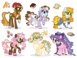 Size: 8173x6140 | Tagged: safe, artist:blazenly-obvious, artist:lavender-bases, artist:mint-light, artist:teepew, derpibooru import, oc, oc:daisy sandwich, oc:egg sandwich, oc:neopolitan sandwich, oc:pizza pie, oc:strawberry rhubarb pie, oc:wildberry pie, unofficial characters only, earth pony, pony, base used, beanie, bow, clothes, coat markings, female, food, freckles, frown, glasses, grin, hair bow, hair ribbon, hat, image, mare, offspring, overalls, parent:cheese sandwich, parent:pinkie pie, parents:cheesepie, png, ribbon, round glasses, scarf, siblings, simple background, smiling, socks (coat marking), strawberry, striped scarf, sweater, unshorn fetlocks, white background