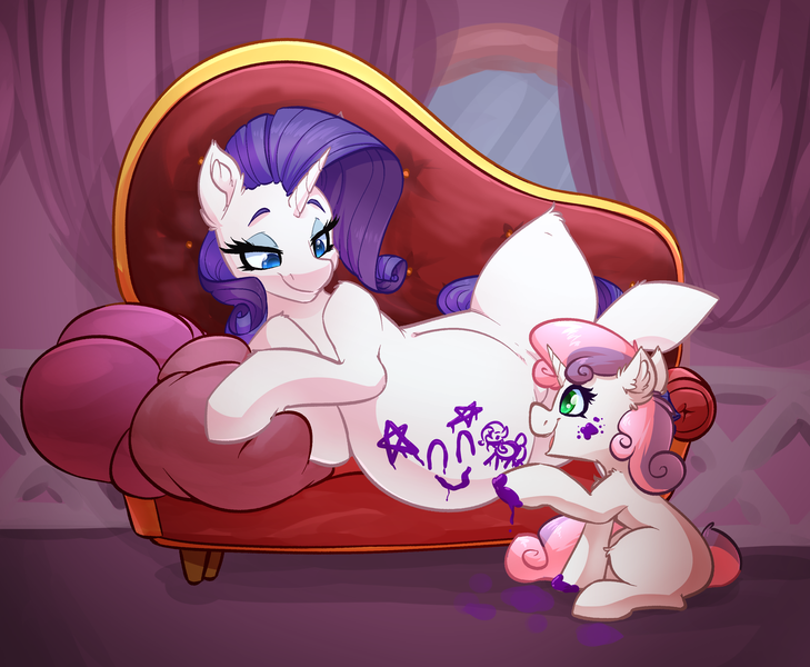 Size: 3128x2576 | Tagged: safe, artist:witchtaunter, derpibooru import, rarity, sweetie belle, pony, unicorn, belle sisters, belly, belly painting, big belly, caricature, carousel boutique, couch, duo, ear fluff, fainting couch, female, filly, foal, happy, hoof painting, image, mare, open mouth, paint, paint on fur, paint splatter, pillow, png, preggity, pregnant, sibling love, siblings, sisterly love, sisters, smiley face, smiling, solo, stars