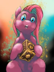 Size: 1536x2048 | Tagged: safe, artist:fluffsplosion, derpibooru import, pinkie pie, fluffy pony, hellraiser, image, imminent death, lemarchand's box, low angle, pinkamena diane pie, png, puzzle box, this will end in death