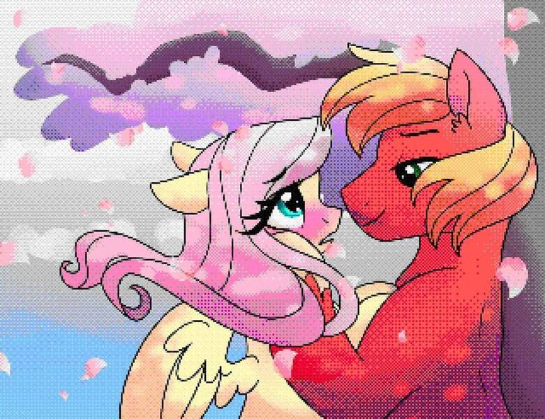Size: 1024x787 | Tagged: safe, artist:dreamscapevalley, artist:twifanclub, derpibooru import, edit, big macintosh, fluttershy, earth pony, pegasus, pony, blushing, cherry blossoms, cute, female, flower, flower blossom, fluttermac, height difference, image, jpeg, looking at each other, looking at someone, looking into each others eyes, male, mare, petals, pixel art, shipping, shyabetes, stallion, straight, wind, windswept mane