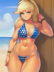 Size: 1020x1360 | Tagged: suggestive, derpibooru import, editor:sammykun, machine learning generated, novelai, stable diffusion, applejack, human, equestria girls, athletic, beach, belly button, bikini, breasts, busty applejack, clothes, cloud, female, humanized, image, looking at you, midriff, ocean, png, seductive look, sexy, solo, stupid sexy applejack, sultry pose, swimsuit, toned, toned female, water, wood