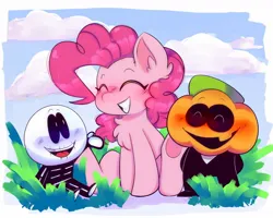 Size: 1280x1024 | Tagged: safe, artist:thepinkh, derpibooru import, pinkie pie, blushing, chest fluff, crossover, ear fluff, image, jpeg, pump, simple background, skid, spooky month, trio