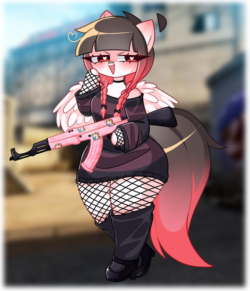 Size: 2344x2720 | Tagged: safe, artist:franshushu, derpibooru import, oc, oc:arwencuack, anthro, pegasus, ak-47, assault rifle, counter-strike: global offensive, evil, gun, image, png, rifle, smiling, thicc thighs, weapon