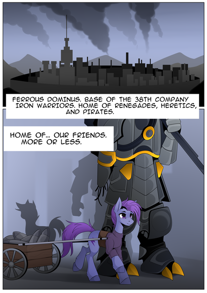 Size: 2480x3508 | Tagged: safe, artist:buvanybu, derpibooru import, oc, earth pony, fanfic:iron hearts, ammunition, chaos, chaos space marine, city, comic, crossover, fanfic art, image, iron warriors, narration, png, space marine, text, wagon, warhammer (game), warhammer 40k
