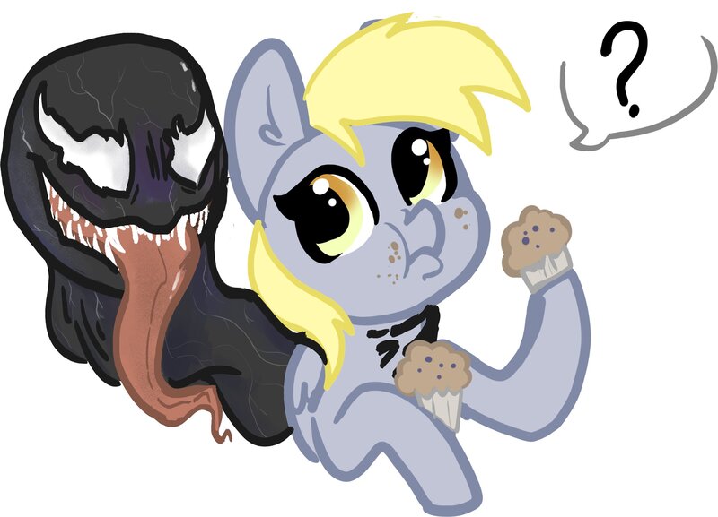 Size: 2467x1780 | Tagged: safe, artist:nootaz, derpibooru import, derpy hooves, pegasus, pony, crossover, duo, eating, female, food, image, jpeg, long tongue, mare, marvel comics, muffin, puffy cheeks, question mark, symbiote, tongue out, venom