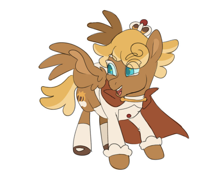 Size: 2048x1676 | Tagged: safe, artist:hibiscuit-rose, derpibooru import, ponified, pegasus, pony, blonde mane, blue eyes, brown coat, cape, clothes, cookie run, crown, image, jewelry, png, regalia, solo, yellow mane