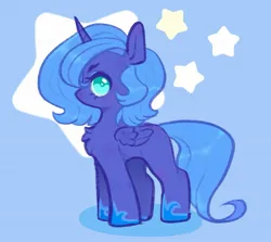 Size: 1633x1457 | Tagged: safe, artist:ponysforyou, derpibooru import, princess luna, alicorn, pony, blue background, chest fluff, female, filly, filly luna, image, jpeg, looking at you, side view, simple background, younger