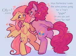Size: 1979x1460 | Tagged: safe, artist:ponysforyou, derpibooru import, fluttershy, pinkie pie, earth pony, pegasus, pony, bipedal, blushing, butt, cheek fluff, duo, female, flutterpie, heart, image, jpeg, lesbian, plot, shipping, standing on two hooves, text