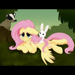 Size: 2048x2048 | Tagged: safe, artist:ponysforyou, derpibooru import, angel bunny, fluttershy, badger, pegasus, pony, rabbit, animal, crying, female, image, jpeg, lying down, male, mare, solo