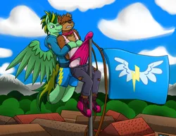 Size: 6000x4632 | Tagged: suggestive, artist:tacomytaco, derpibooru import, oc, oc:cooper, oc:taco.m.tacoson, unofficial characters only, anthro, pegasus, pony, clothes, collar, denim, flag, flag pole, gritted teeth, hoodie, image, jeans, male, males only, pain, pants, pink underwear, png, shoes, shorts, sneakers, spread wings, teeth, torn clothes, underwear, wedgie, wings, wonderbolts logo
