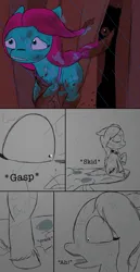 Size: 1800x3500 | Tagged: safe, artist:the crystal artist, derpibooru import, bear, earth pony, pony, series:bunny pipp, cliff, cliffhanger, comic, context in description, cracking, dark, derpibooru exclusive, duo, duo female, female, forest, g5, gasp, gasping, image, jazz hooves, messy mane, muddy hooves, open mouth, panels, pinpoint eyes, png, rain, running, running away, scared, scratches, shadow, shocked, shocked expression, silhouette, skidding, story included, text, tree, wet, wet mane