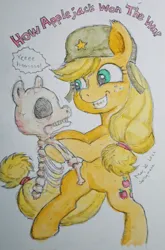 Size: 1350x2048 | Tagged: safe, artist:daisymane, derpibooru import, applejack, earth pony, pony, how applejack won the war, bipedal, bone, dancing, female, grin, helmet, image, jpeg, mare, skeleton, smiling, solo, traditional art