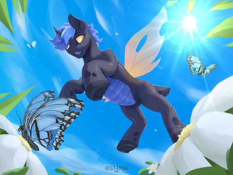 Size: 1800x1350 | Tagged: safe, artist:st4rs6, derpibooru import, oc, unofficial characters only, butterfly, changeling, insect, commission, floating, flower, image, jpeg, spread wings, wings