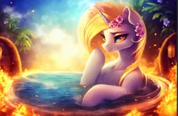 Size: 1154x755 | Tagged: safe, derpibooru import, editor:mr-bat, machine learning generated, stable diffusion, daybreaker, alicorn, boop, fire, flower, flower in hair, image, imminent boop, palm tree, petals, png, self-boop, tree, water