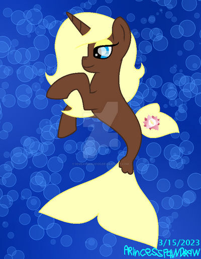 Size: 400x514 | Tagged: safe, artist:ioveanimals100, derpibooru import, oc, unofficial characters only, pony, seapony (g4), unicorn, bubble, dorsal fin, eyeshadow, female, fin, fish tail, flowing mane, flowing tail, horn, image, jpeg, lidded eyes, makeup, mare, ocean, requested art, seaponified, signature, solo, species swap, swimming, tail, underwater, water