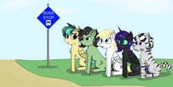 Size: 1643x828 | Tagged: safe, artist:nismorose, derpibooru import, oc, oc:anon, oc:anonfilly, oc:apogee, oc:luftkrieg, oc:nyx, oc:zala, unofficial characters only, alicorn, earth pony, pegasus, pony, zebra, alicorn oc, background, blue eyes, blue sky, bus stop, chest fluff, cloud, dirt road, ear fluff, earth pony oc, eye clipping through hair, eye lashes, eyelashes, female, filly, fluffy, foal, freckles, grass, grass field, grin, horn, image, jewelry, jpeg, nazi, pegasus oc, ponytail, ring, short tail, sitting, slit pupils, smiling, spiky hair, stripes, swastika, tail, wings, zebra oc