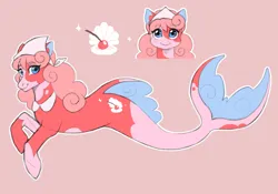 Size: 2280x1595 | Tagged: safe, artist:shibachichi, derpibooru import, oc, unofficial characters only, merpony, pony, seapony (g4), blue eyes, cherry, cute, digital art, dorsal fin, female, fin, fish tail, food, image, looking at you, mare, pink background, pink mane, png, seapony oc, simple background, smiling, smiling at you, solo, swimming, tail