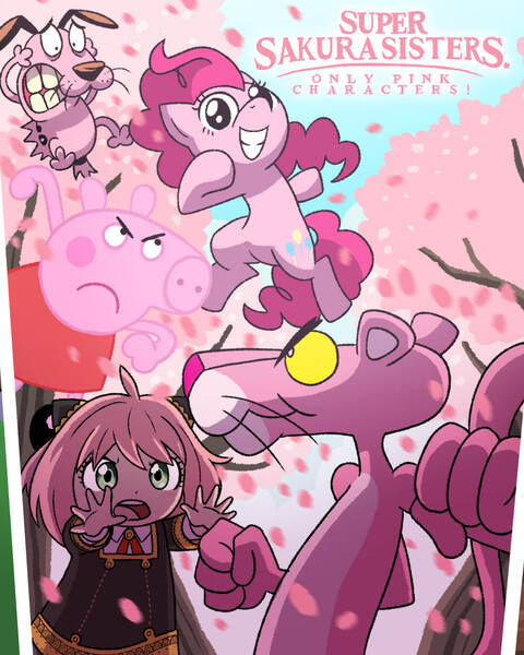 Size: 1080x1350 | Tagged: safe, artist:wooden plank studios, derpibooru import, pinkie pie, dog, earth pony, human, panther, pig, pony, smile hd, anya forger, cherry blossoms, cherry tree, courage (character), courage the cowardly dog, flower, flower blossom, image, jpeg, peppa pig, peppa pig (character), pink panther, spy x family, tree, wooden plank studios